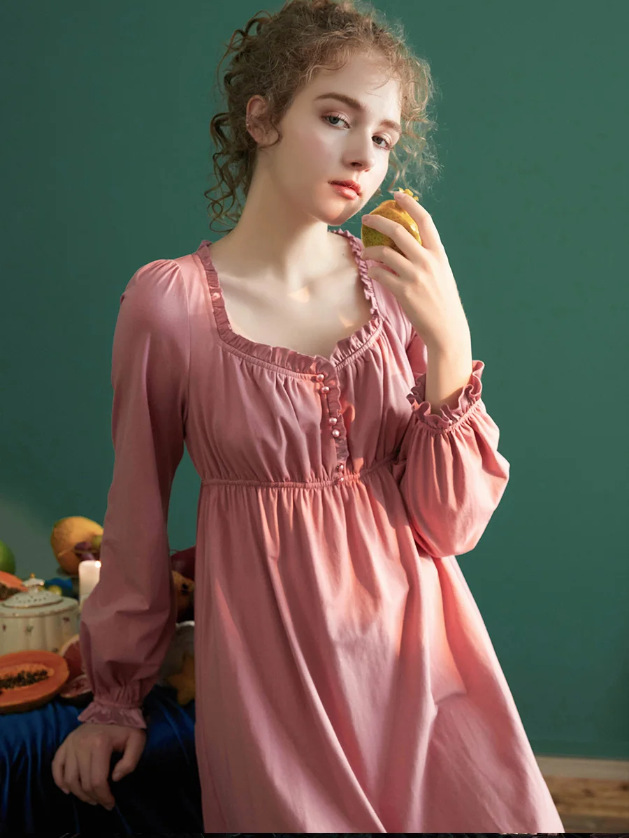 New Vintage Cotton Princess Long Sleepwear For Lady Spring Autumn Long Sleeve Elegant Loose Long Nightgowns Home Dress