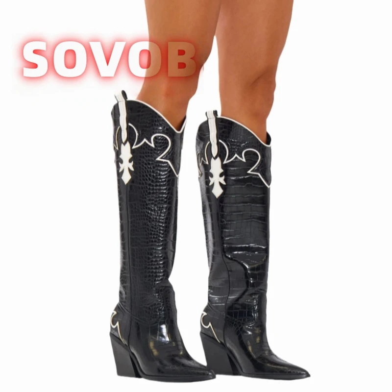 

Embroidered Detail Western Cowboy Boot Pointed Toe Knee High For Boots Women Croc Print Faux Leather Boots Block Heel Shoes