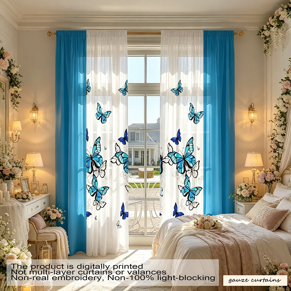 2-Pack Blue Butterfly Ghost Semi-Transparent Polyester Fiber Rod-Through Window Screen for Home Kitchen Living Room Bedroom Dini
