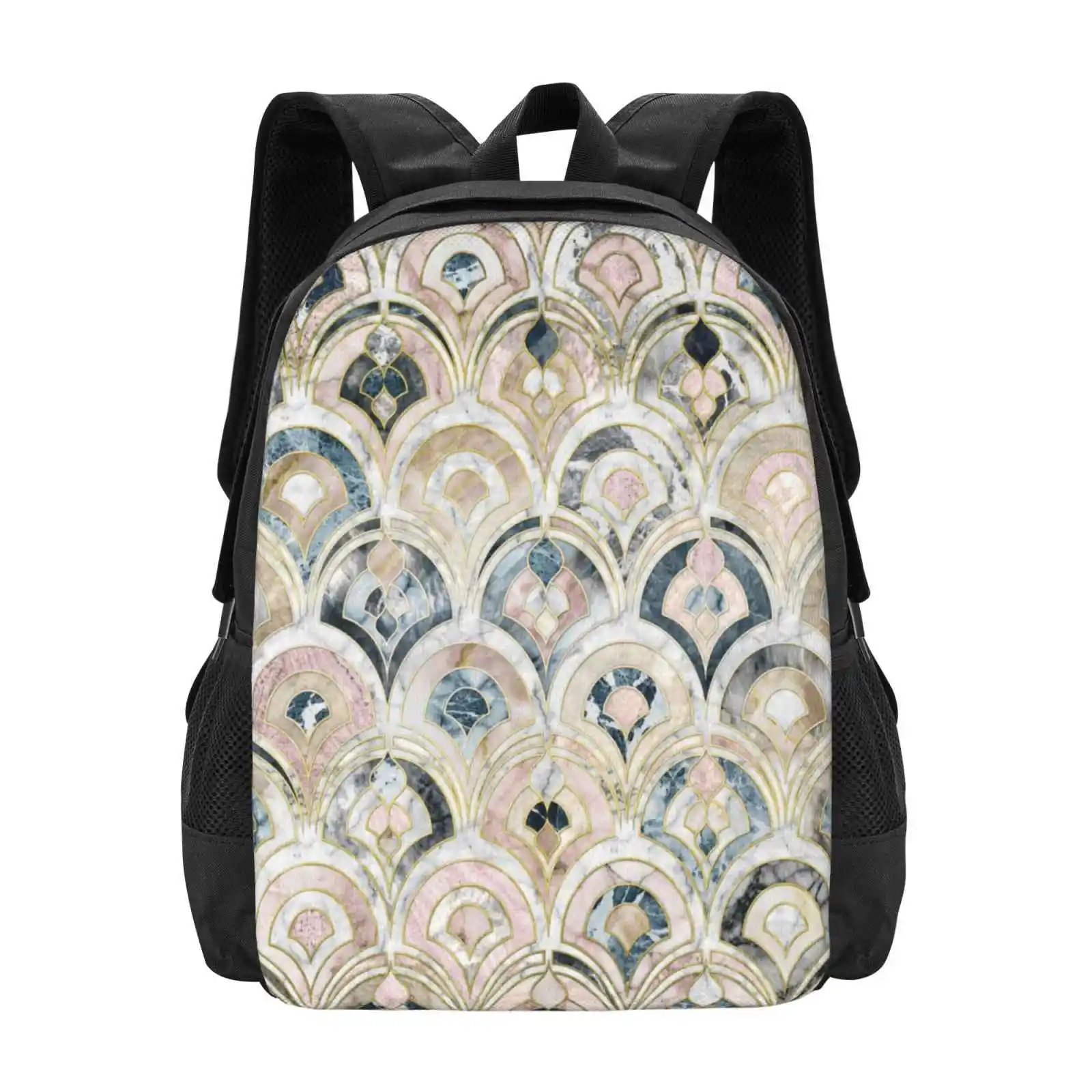 Art Deco Marble Tiles In Soft Pastels School Bag Big Capacity Backpack Laptop Pattern Stone Quartz Tiles Nouveau Pink Dusty