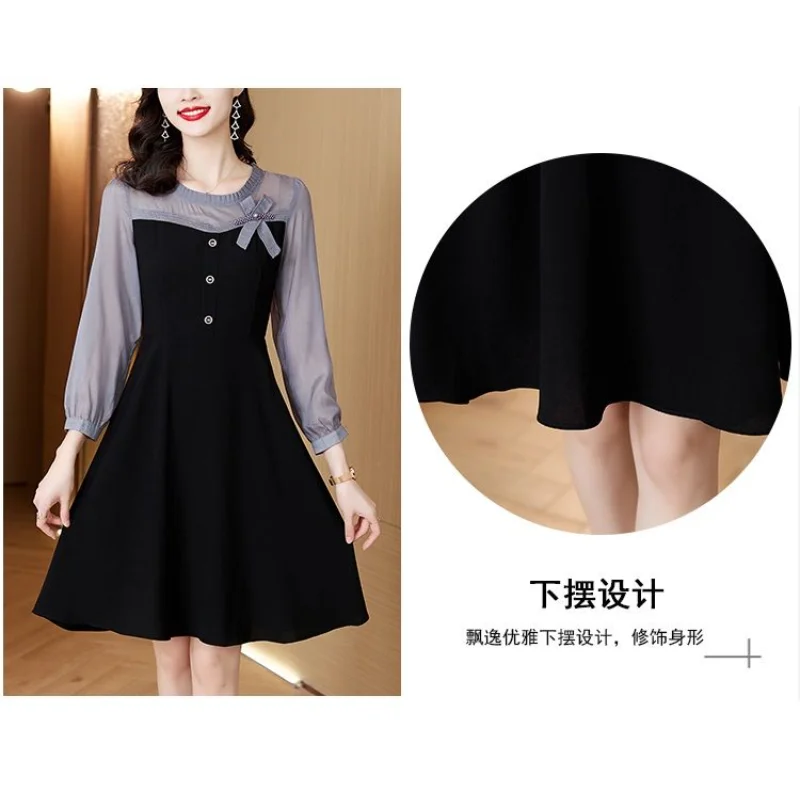 Vestido de chiffon de manga comprida para mulheres novas roupas de outono, cintura abraçando, estilo de comprimento médio