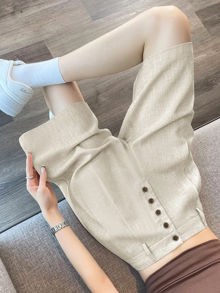 Ultra High Waist Linen Wide Leg Short Pants Women's Summer Thin Five-Button Casual Straight Leg Pants