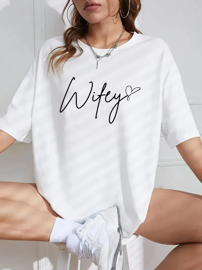 

Wifey Letter Print Cotton T-shirt Short Sleeve Crew Neck Casual Top For Summer & Spring Women's Clothing Round neckT-shirt