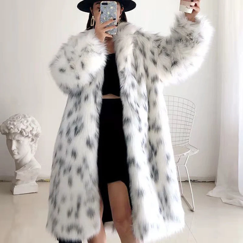 Faux Fur Long Coat Women's Long Autumn Winter Fashion Casual Comfort Warm White Leopard Print Long Sleeve Lapel Fox Fur Coat