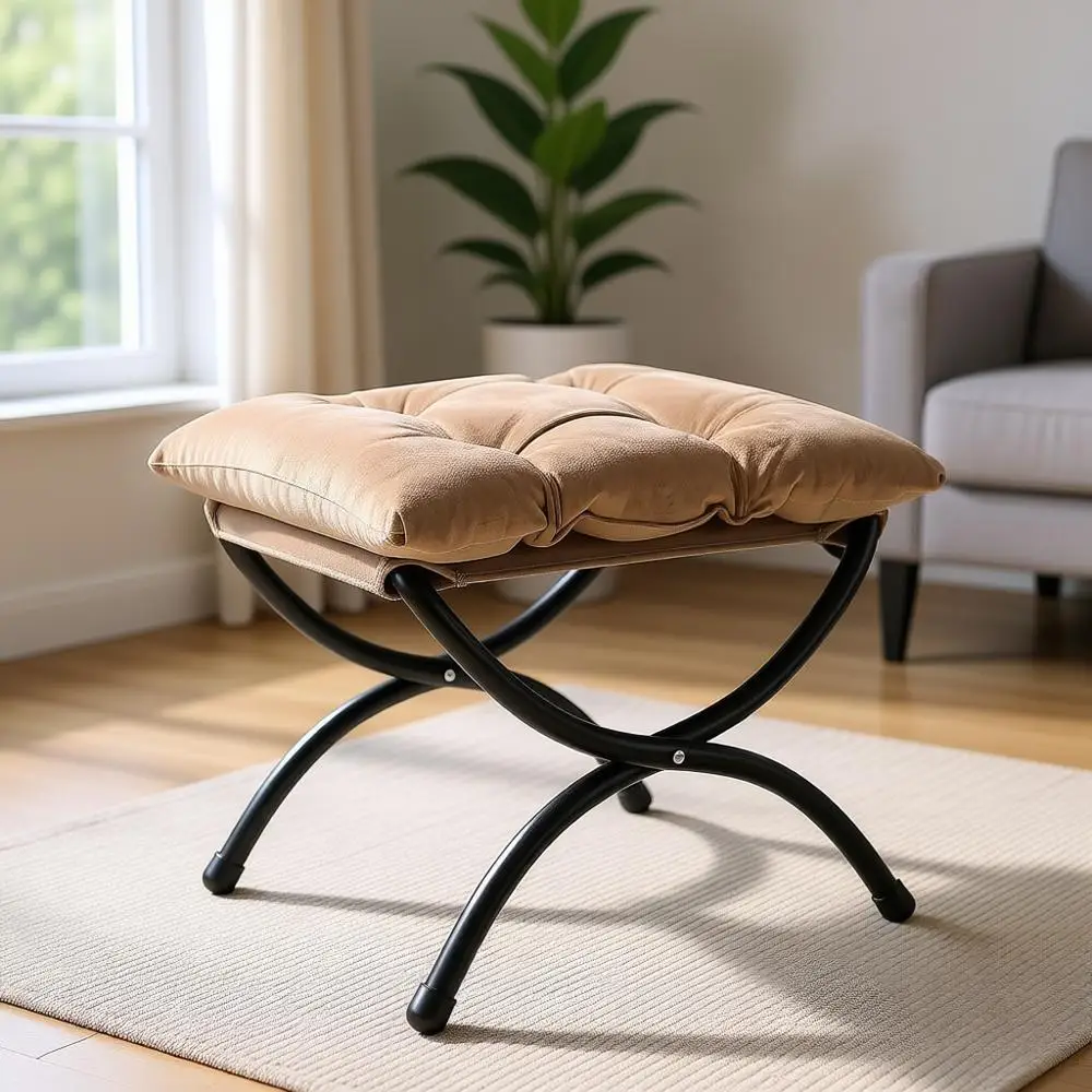 

15-дюймовый пуф-оттоманка цвета хаки с обивкой и металлическим основанием – для использования в помещении и на улице, моющийся, компактный дизайн для гостиной, спальни, патио