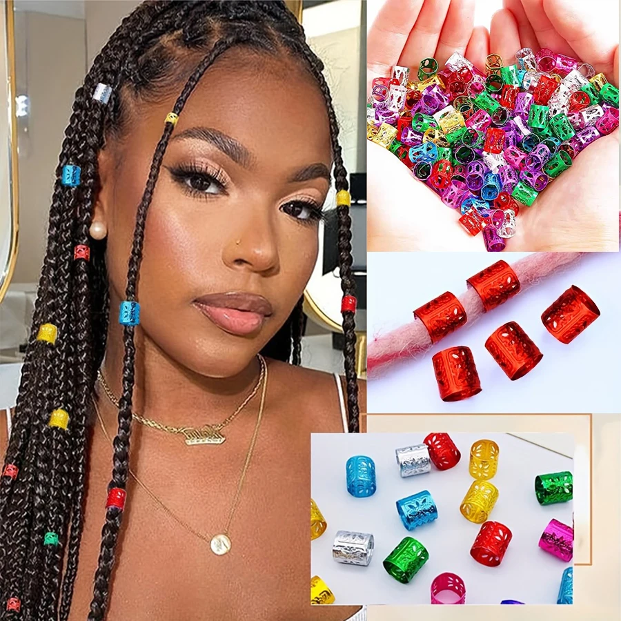 100 piezas de anillos para cabello huecos, cuentas para rastas, clips metálicos, decoración 3