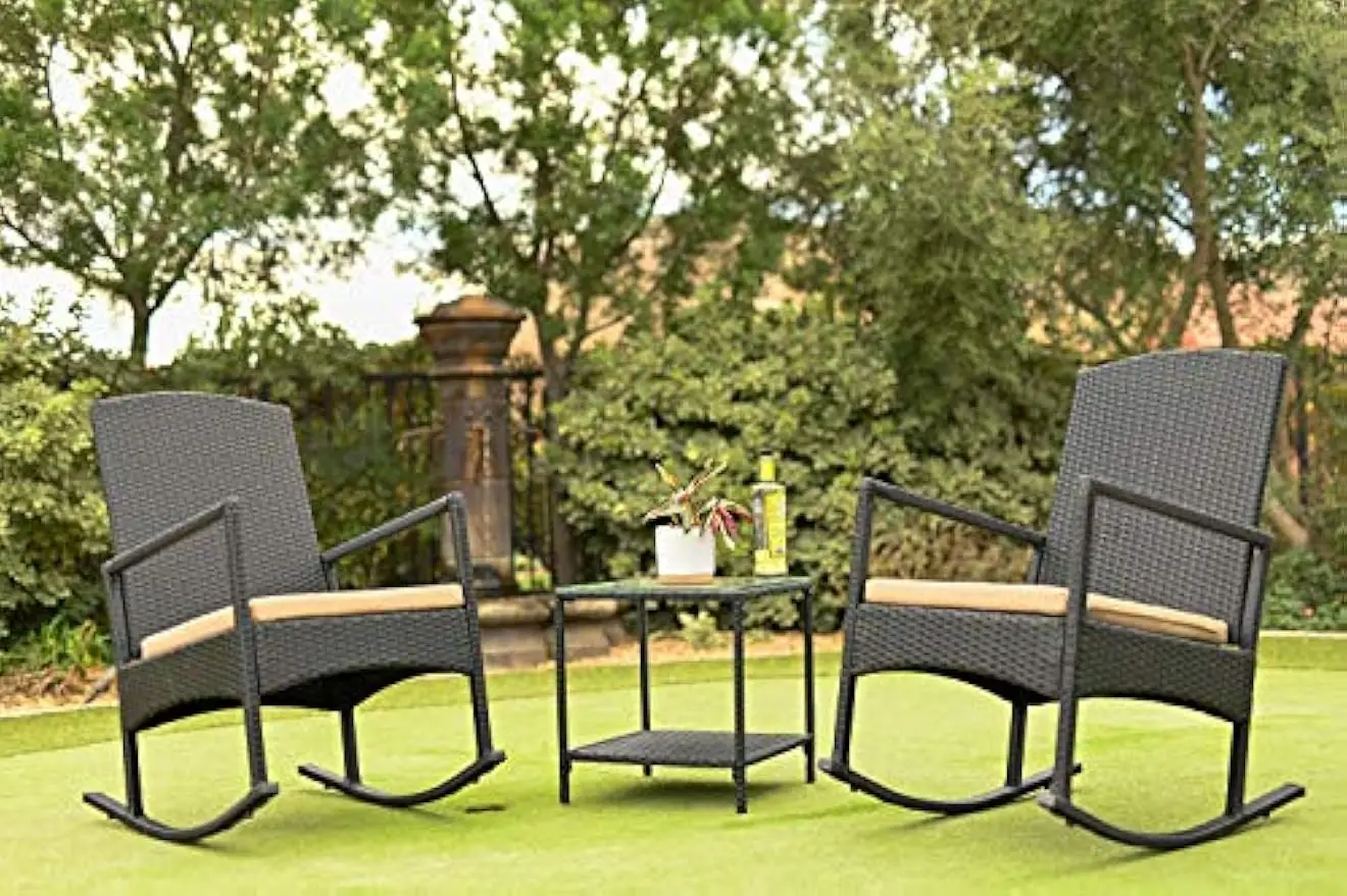 

3pcs Outdoor High-Backrest Rocking Chair w/Cushion Seat Wicker Seating Group w/Glass Coffee Table Set (Black/Beige)