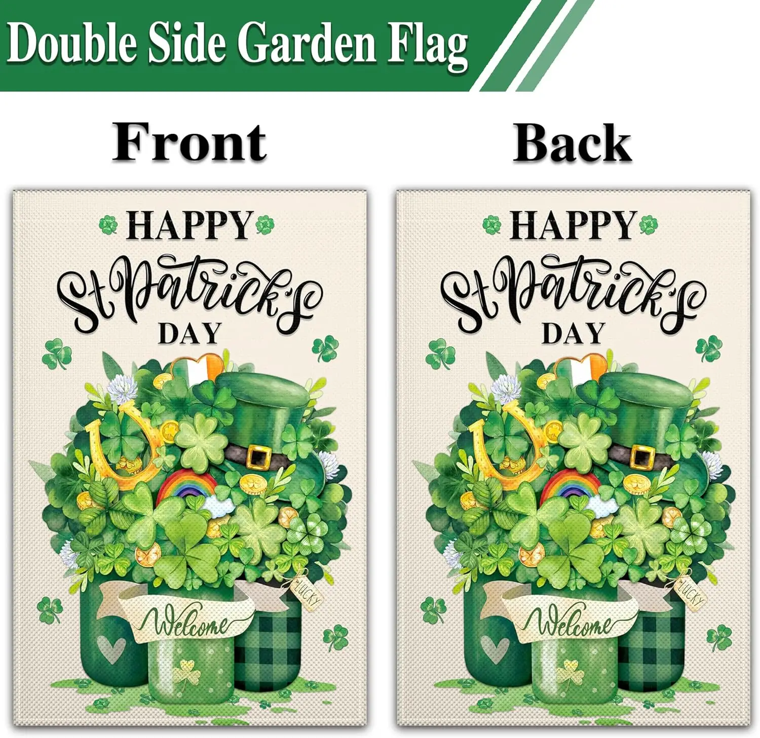علم حديقة عيد القديس باتريك للخارج مقاس 12 × 18 بوصة مزدوج الجوانب علم حديقة ترحيب أيرلندي أخضر شامروك ميسون جرة الحظ FFI