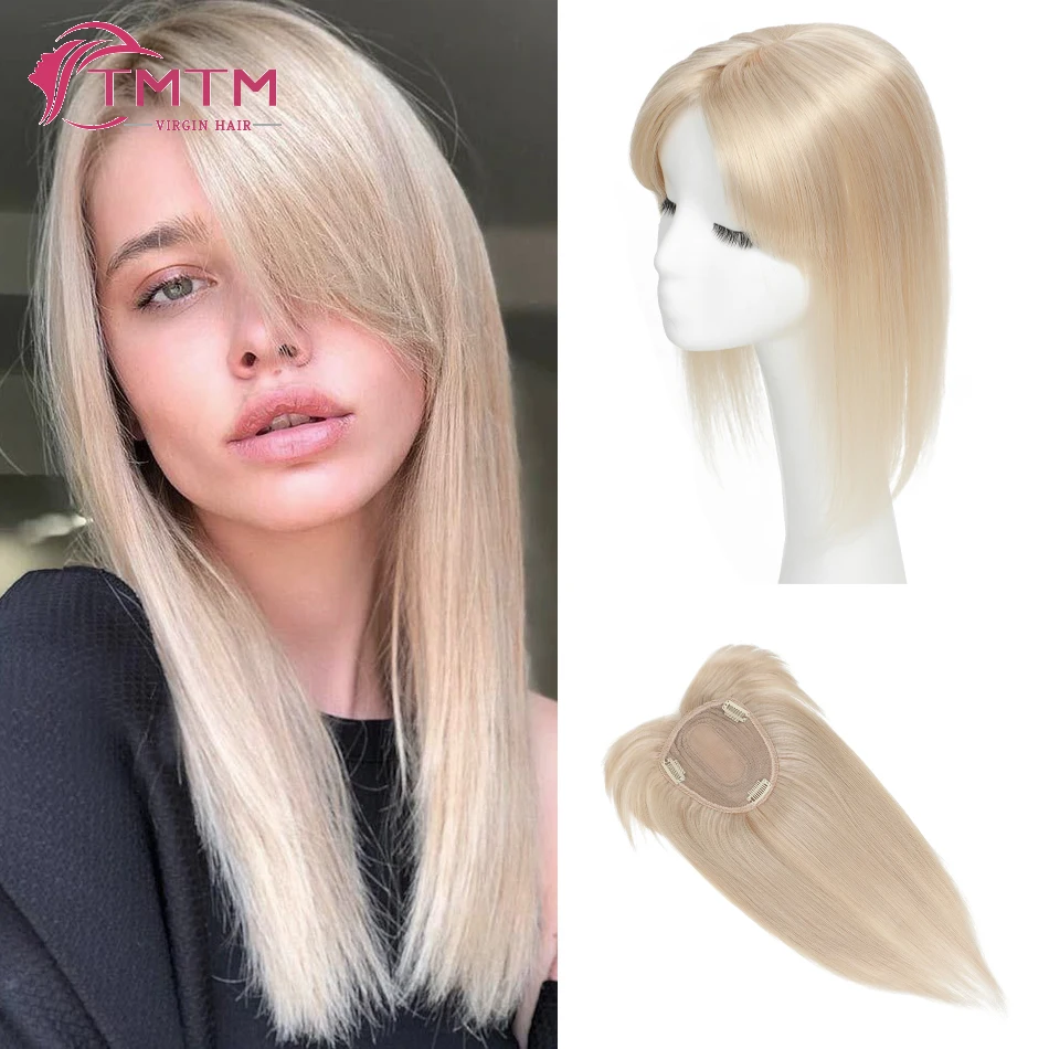 Straight Human Hair Toppers With 3 Clips Hair Extensions Natural Remy Hairpieces Topper For Women With Bangs Middle Part  Toupee