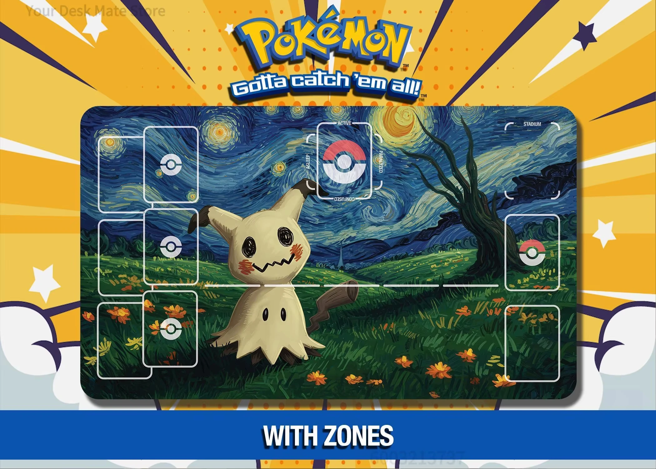 Pokemon Mimikyu Starry Night TCG Playmat With Zones Non Slip Rubber Large Trading Card Game Mat Stitched Edge Table Desk Pad