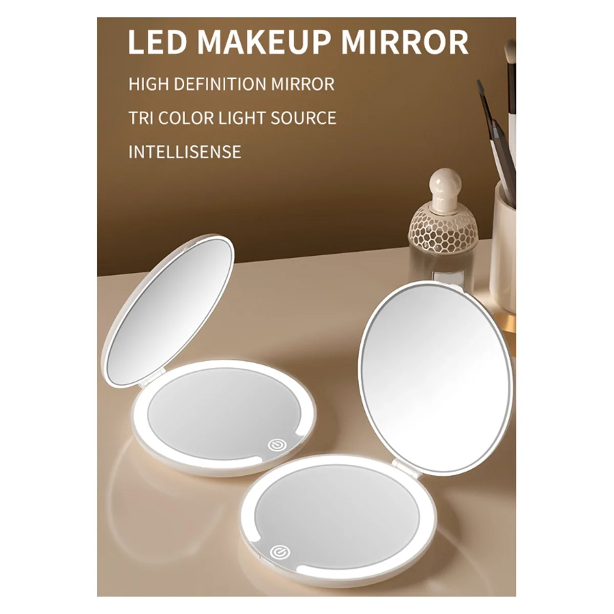 Espejo de maquillaje LED compacto de viaje, espejos de iluminación plegables pequeños recargables de 3 colores, batería integrada de 600 Mah