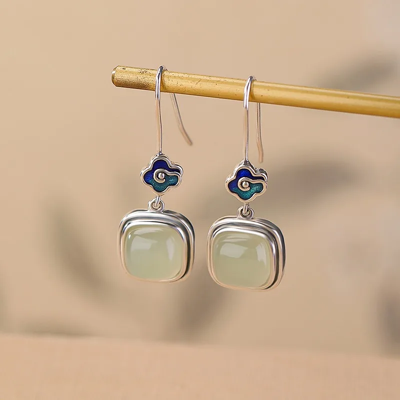 

TIMESWIND S925 Silver Light Green Jade authentic Square Women Earrings with Certificate