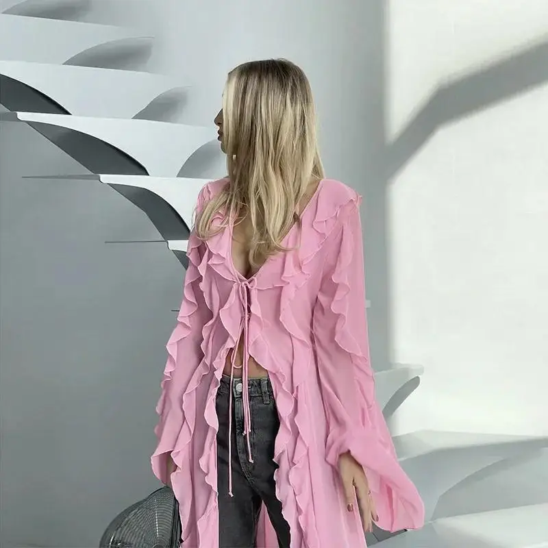 InstaLike Maxi Long Open Slit Tops,Lace Up,V Neck,Flare Sleeve,Chic Youthful Woman Thin Ruffles Cardigans,Fashion Aesthetic Top