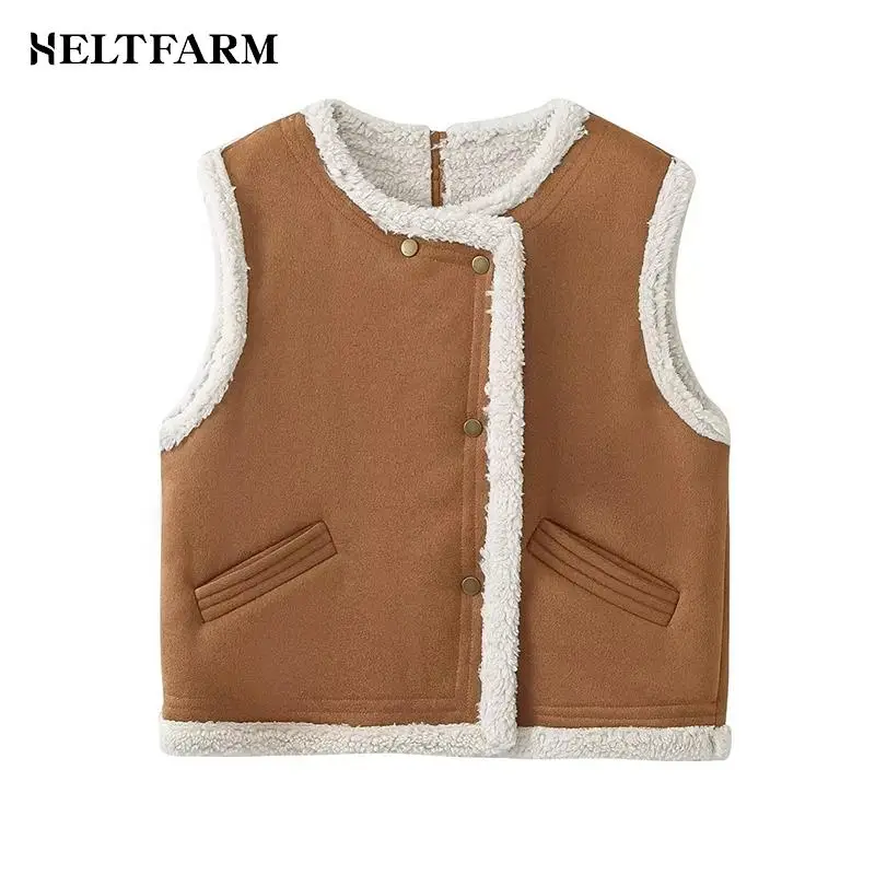 

Women Thicken Plush Lamb Wool Vest Coat Faux Fur Warm Patchwork Waistcoat Autumn Covered Button Waistcoat Street Jacket 2023