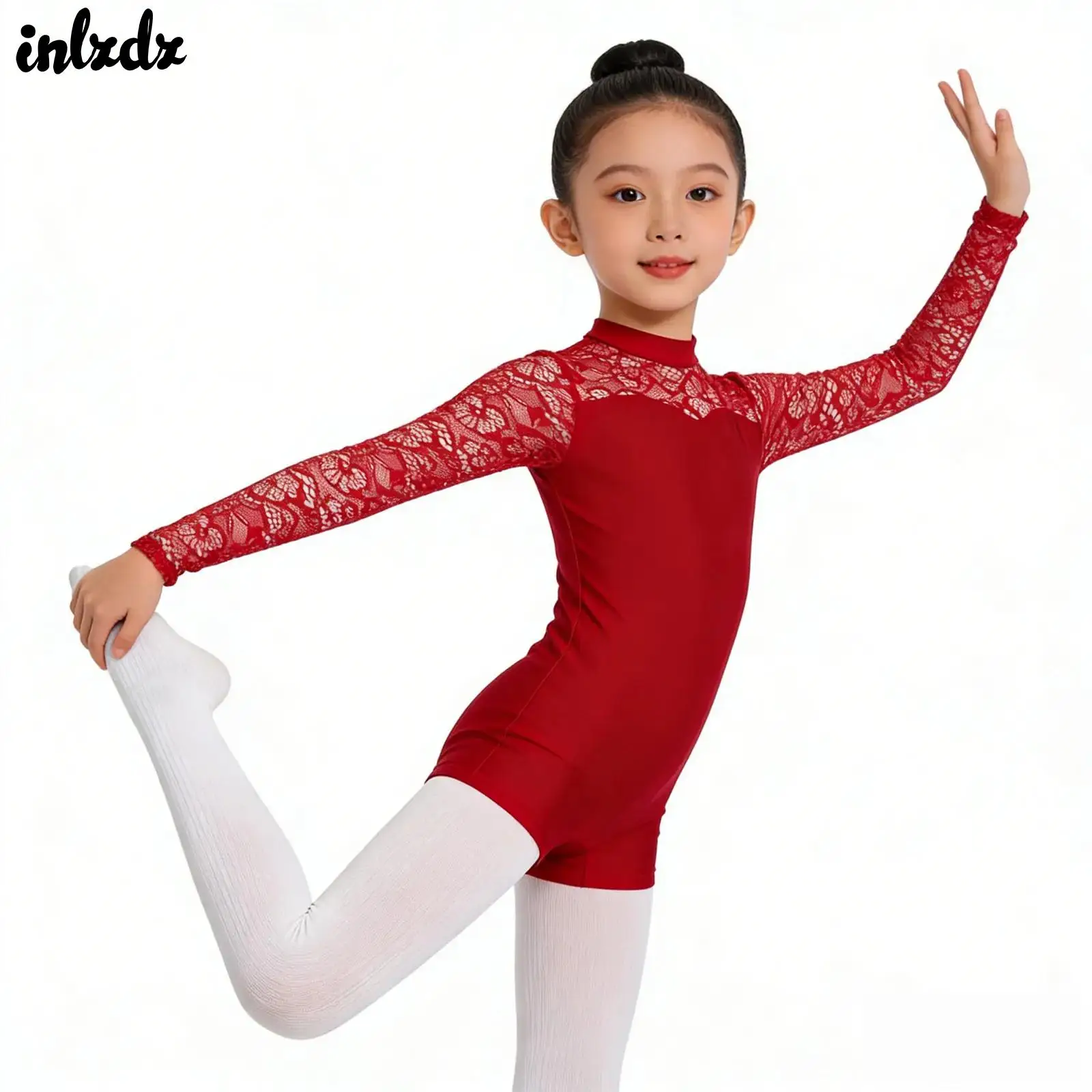

Kids Girls Gymnastics Ballet Leotard Professional Costume Ballet Dance Performance Outfit Lace Long Sleeve Keyhole Back Bodysuit