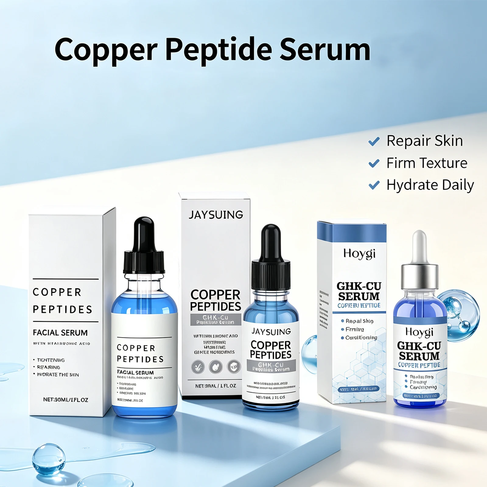 Sérum Visage au Cuivre et Acide Hyaluronique pour Peaux Sensibles et Sèches : Raffermissant, Repulpant, Éclaircissant et Hydratant – Essence de Soin pour le Visage