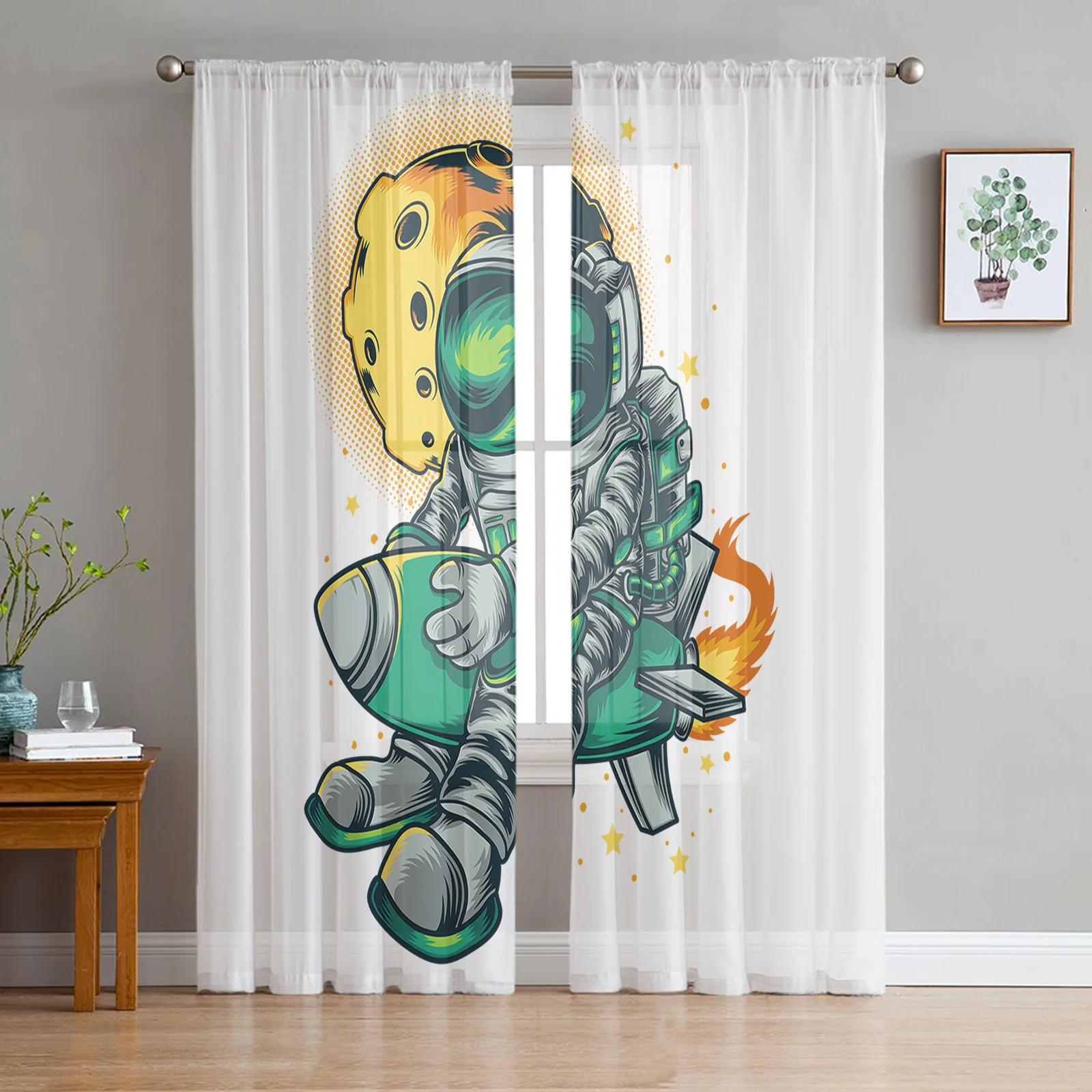 Astronaut Rocket Planet Illustration Chiffon Sheer Curtains for Living Room Bedroom Home Decor Window Voile Tulle Curtain Drapes