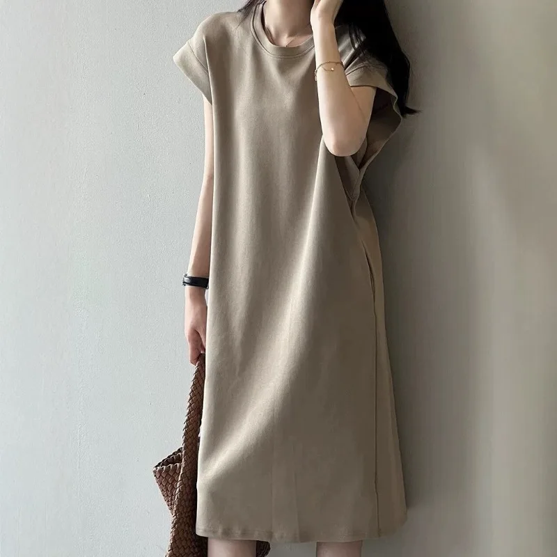 Damen Sommerkleid mit Flatterärmeln, Einfarbiges Loses Freizeitkleid, Mittellanges Damenkleid, Anti-Exposure Sportkleid für Damen