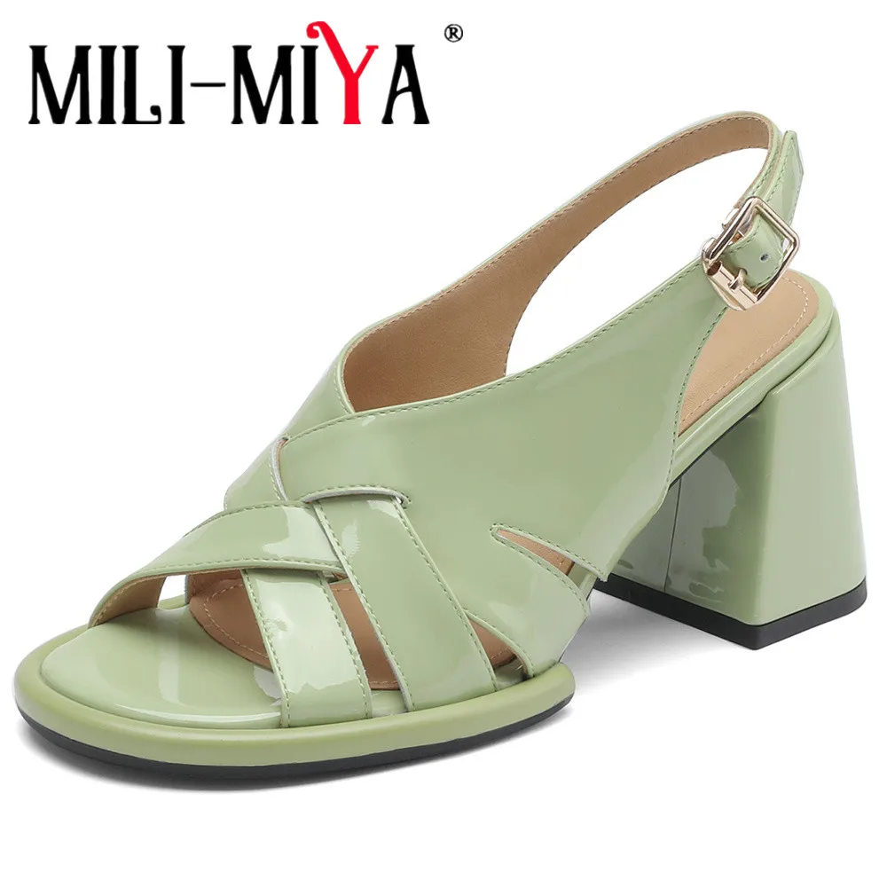 

MILI-MIYA Fashion Weave Upper Women Full Genuine Leather Sandals Thick Heels Round Toe Buckle Strap Casual Street Shoes For Lady