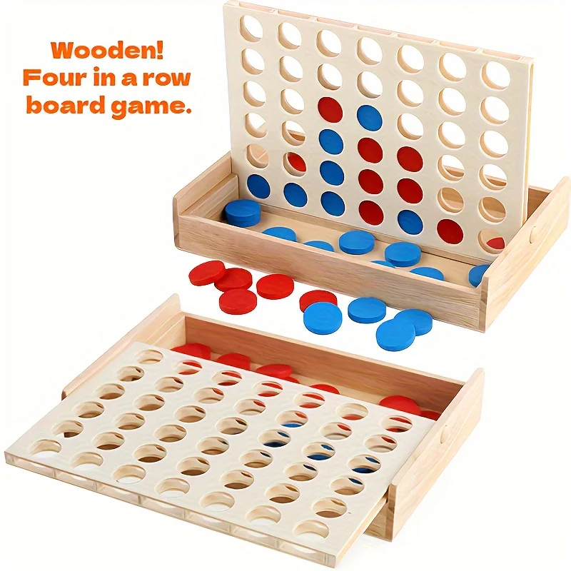 

Wooden Four in a Row Game Family Board Game with Red Blue Pieces Traditional Strategy Game for Kids Holiday Christmas Gift Idea