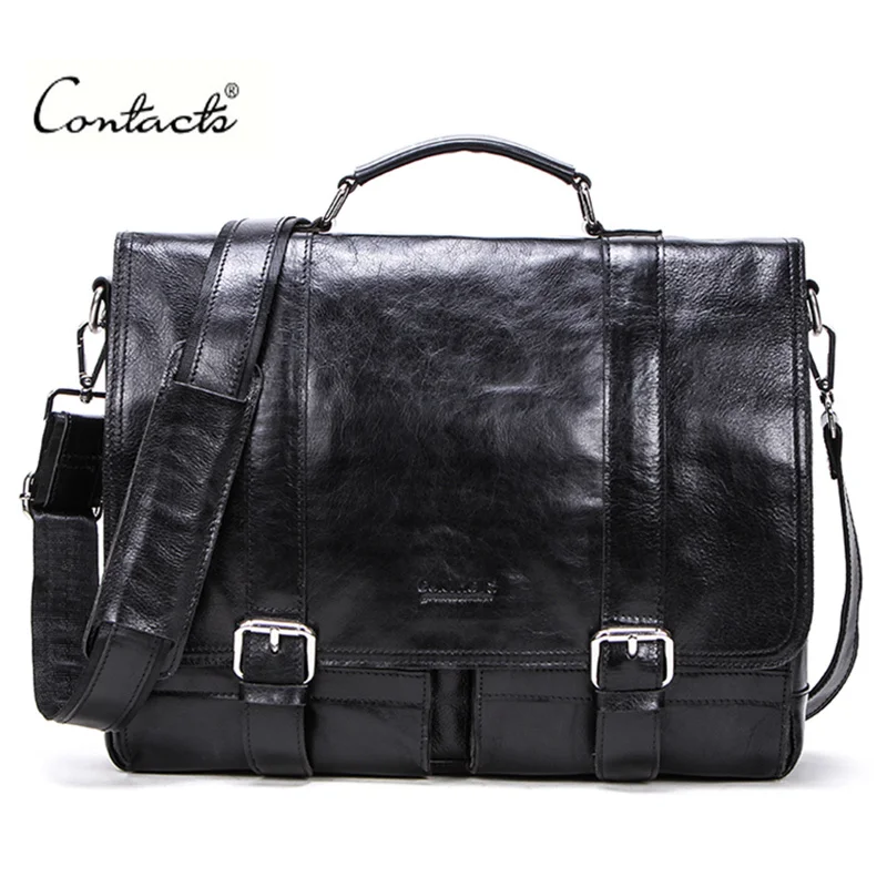 Maletín de cuero vegetal para hombre, bolso de mano de 13 pulgadas para ordenador portátil, ipad grande vintage, bolso de mensajero de negocios para hombre, negro