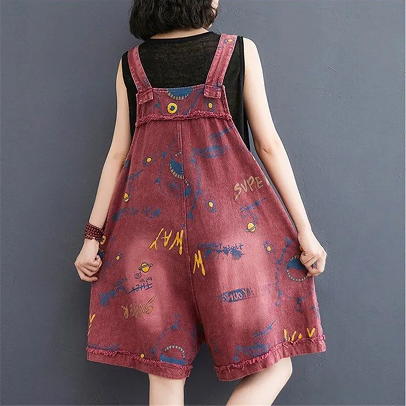 High-waist Jean Overalls Women's Letter Graffiti Printing Five-point Wide-leg Pants Loose Casual Overalls Summer New Jumpsuit