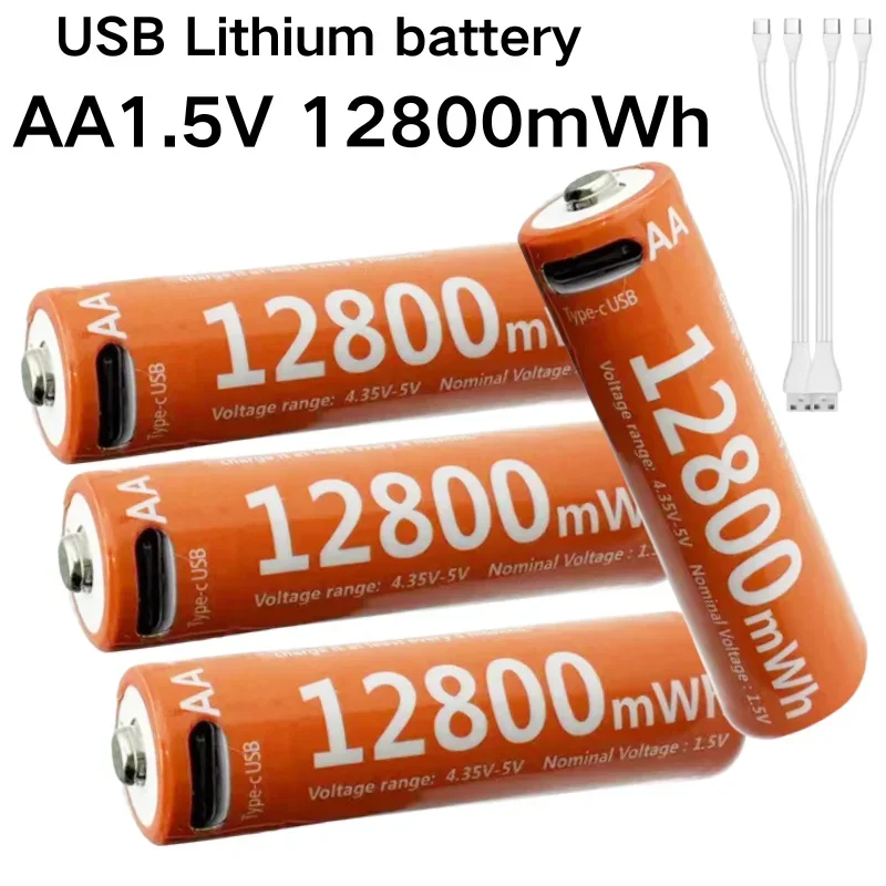 AA Battery 1.5V AA 12800mAh USB rechargeable li-ion battery for remote control mouse small fan Electric toy battery + Cable