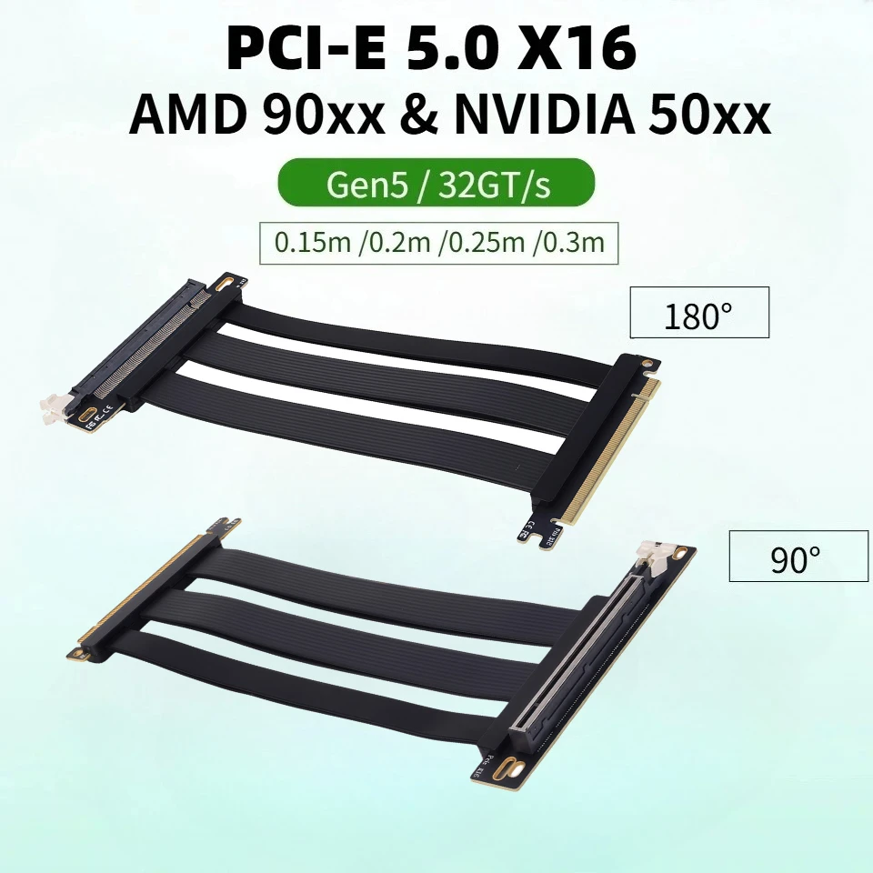 Black PCI-E 5.0 X16 PCIE Riser Cable Video Graphics Card Lossless Shielded Flexible Extender Express 16x Gen5 GPU Extension Cord