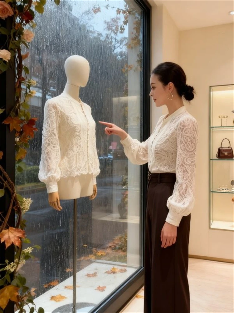 

Женская кружевная блузка Ele Lace в романтическом стиле, с рукавами-фонариками, приталенная, с эффектом высокого класса, в корейском стиле, длинная