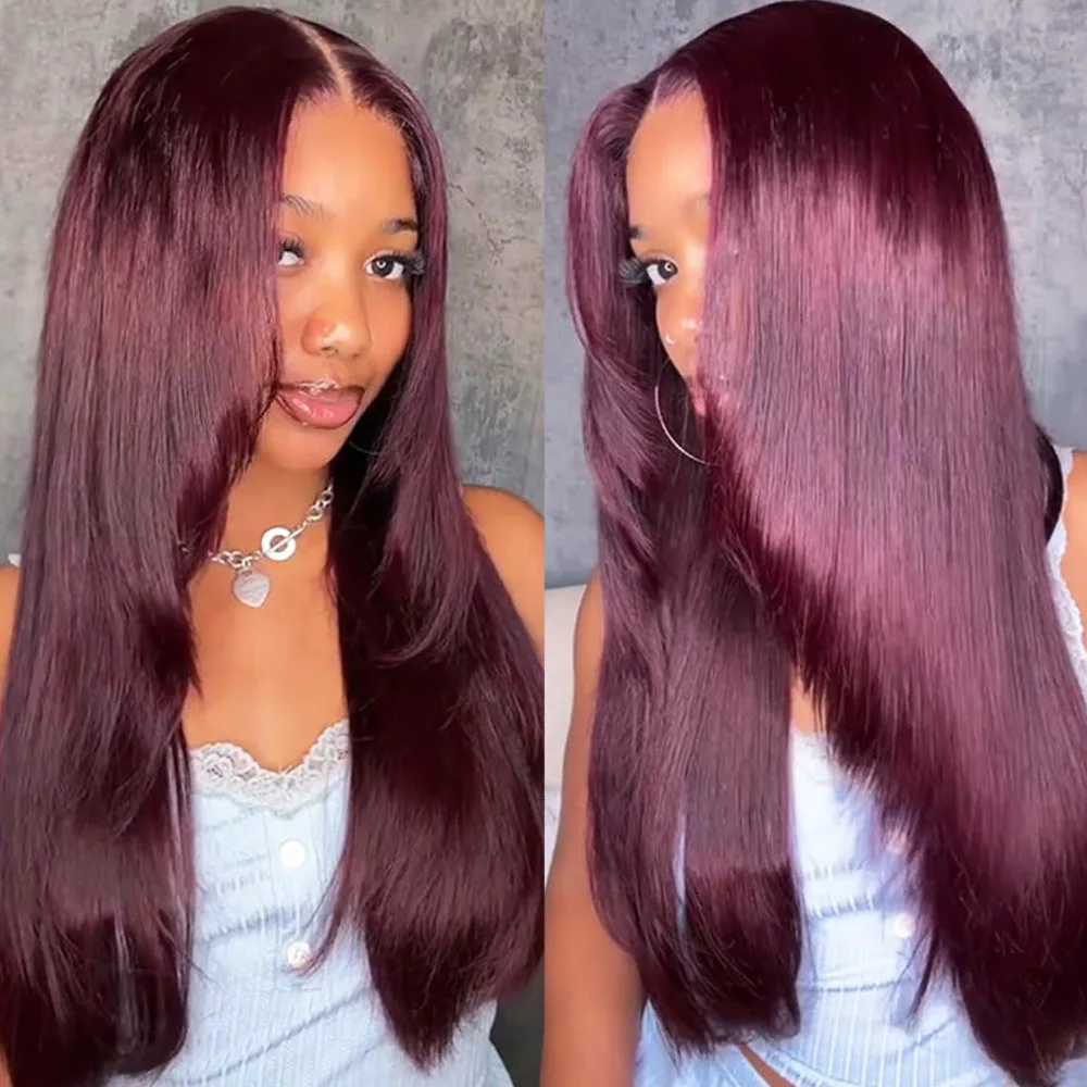 

Burgundy 13x6 Lace Front Human Hair Wig Brazilian Straight 99J Colored 13x4 HD Tranparent Lace Frontal Wigs 40 Inch Pre Plucked