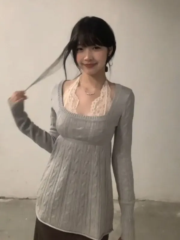 

Корейский модный комплект из двух предметов: укороченный свитер с кружевом и кардиган с длинными рукавами и круглым вырезом, удобный, весенний, в стиле Agel