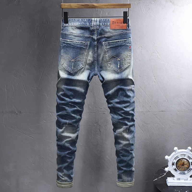 Fashion Designer Men Jeans Retro Blue Elastic Stretch Slim Fit Broken Hole Ripped Jeans Men Trousers Vintage Denim Pants Hombre