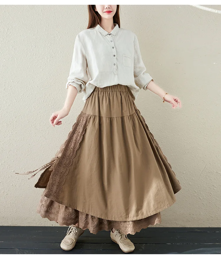 Rok bertali berlapis linen dengan sulaman tebal dan ikat pinggang elastis, sedang hingga panjang, desain A-line yang manis