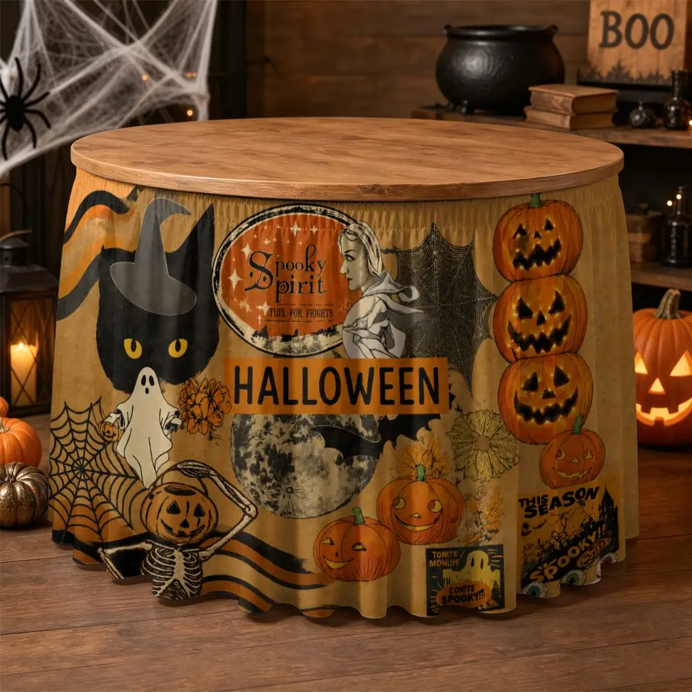 One Halloween party tablecloth with 2D flat design featuring terrifying pumpkin, ghost and skull patterns.