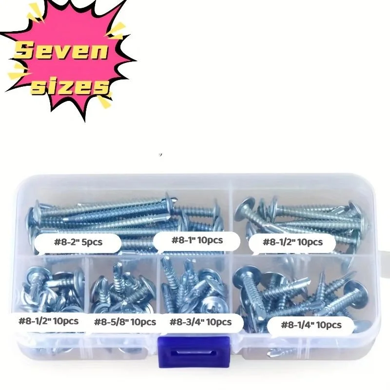 65 قطعة # 8 مجموعة متنوعة من مسامير الصفائح المعدنية المعدلة لرأس الجمالون، مسامير ذاتية التنصت من الفولاذ المقاوم للصدأ عالية القوة 410 للمعادن