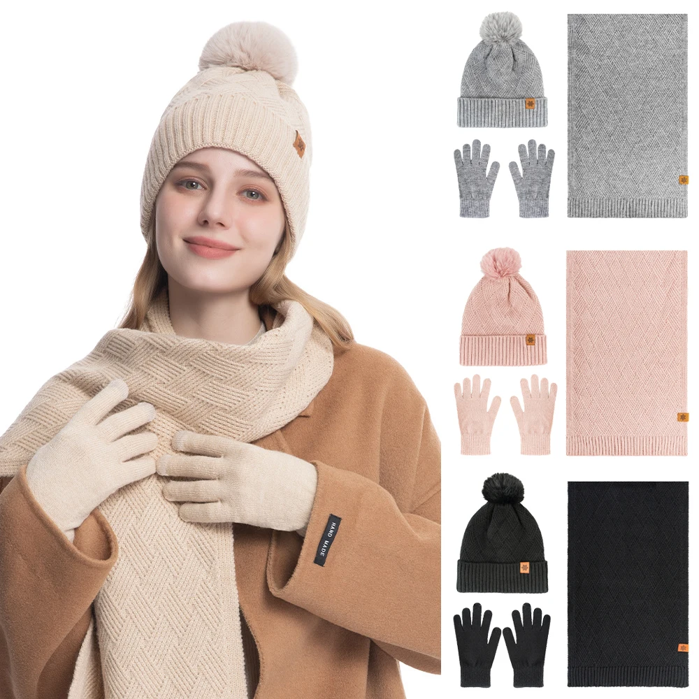 Wool Hat Scarf Glove Sets for Women Autumn Winter Warm Double-Layer Knitted Pompom Hats Outdoor Windproof Ear Protection Beanies