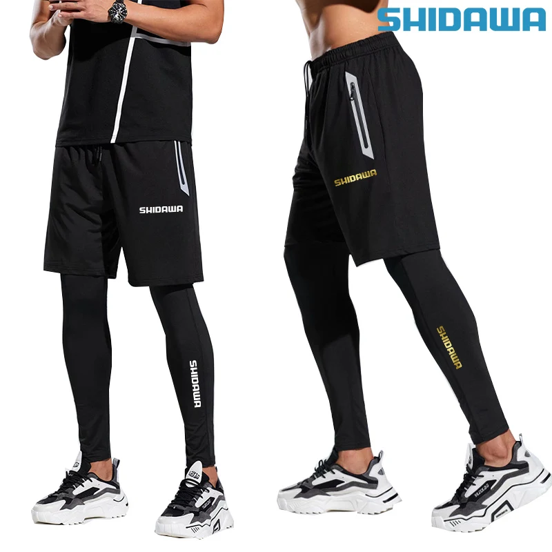 High Quality Men Fake Two Pieces Fishing Pants Quick-drying Elastic Sports Running Fitness Pants Outdoor Breathable Hiking Pants