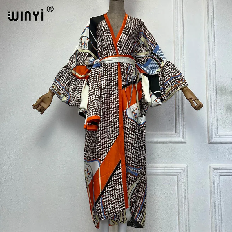 WINYI fashion print Self Belted kimono party dress Women Elegant holiday Bubble sleeve cardigan beach Wear Swim Suit cover up