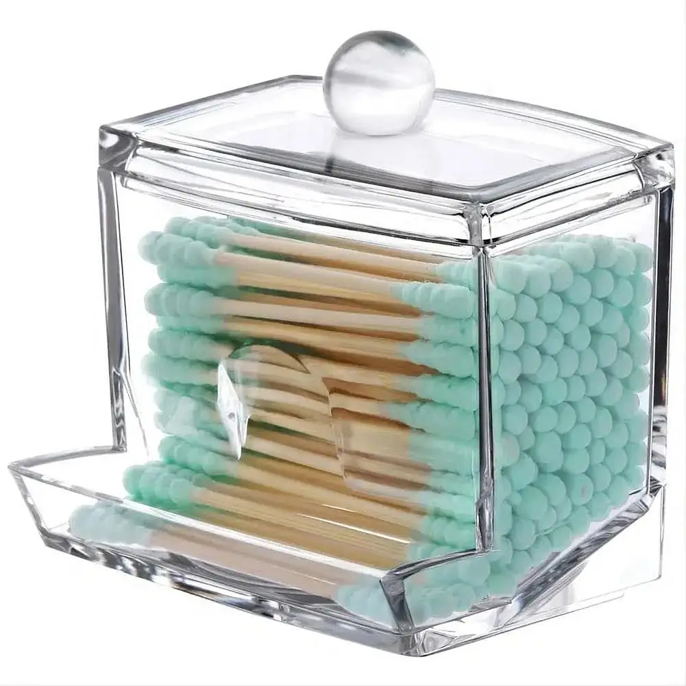 Acrylic Storage Box Bathroom Jar Makeup Organizer Cotton Round Pad Holder Cotton Swab Box Qtip Holder Dispenser with Bamboo Lid