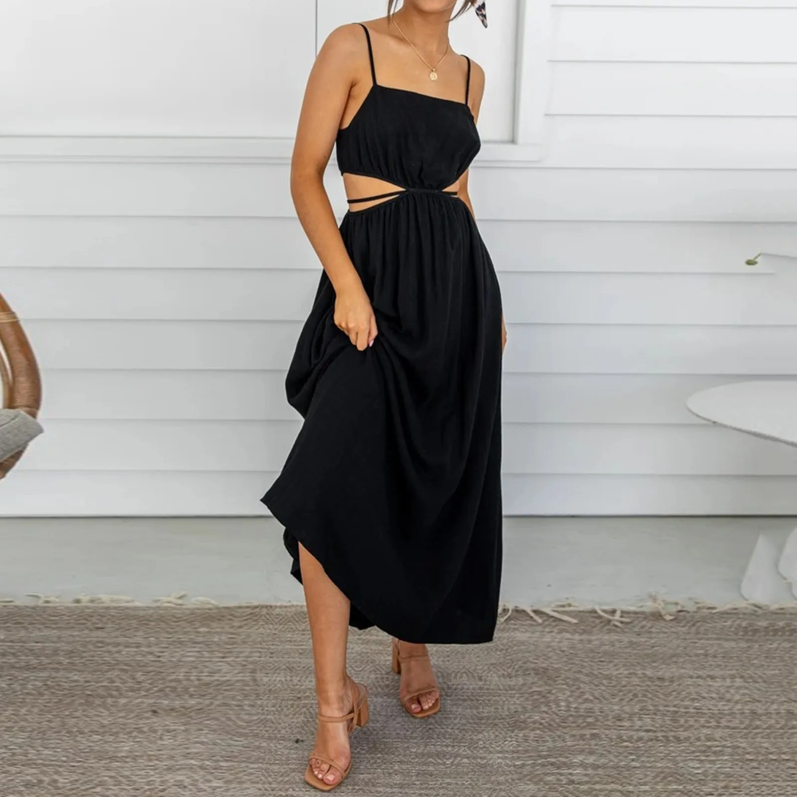 Women 2024 Spring Summer Long Maxi Dress Solid Color Fashion Sleeveless Backless Strap Dress Sweet Elegant Casual Dresses