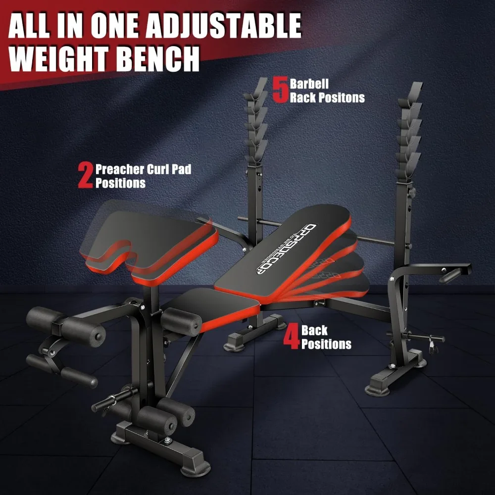 Multi-Function Peso Bench Set com Squat Rack, Banco de Treino com Extensão Perna, Pregador Curl Rack, 660 libras, 6 em 1