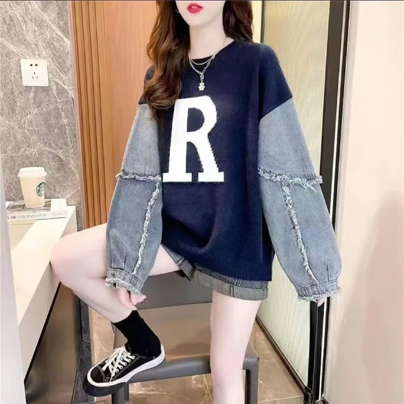 Loose Sweater Denim Stitching Korean Style Ins Lazy Style Knitted Bottoming Shirt Top