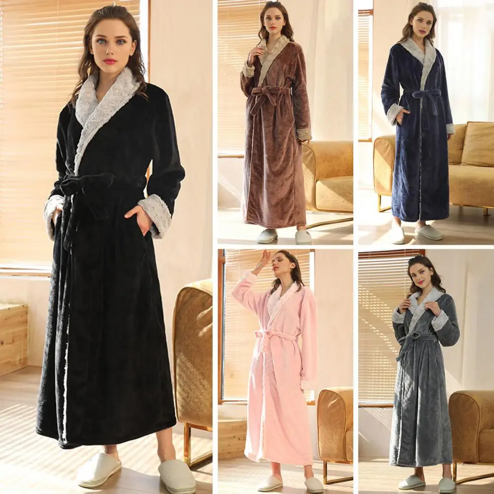

Women's Pure Color Coral Fleece Open Cardigan Robe Nightgown Comfortable Home Clothes V-neck Long Sleeve Mid-weight Polyester