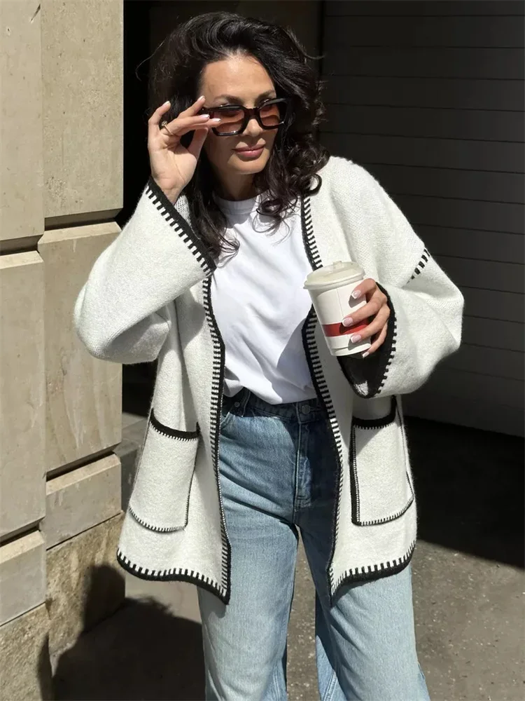 Cárdigan de punto con contraste para mujer, suéter con cordones y bolsillo, abrigo holgado de manga larga con retazos, prendas de punto de otoño, prendas de vestir para mujer