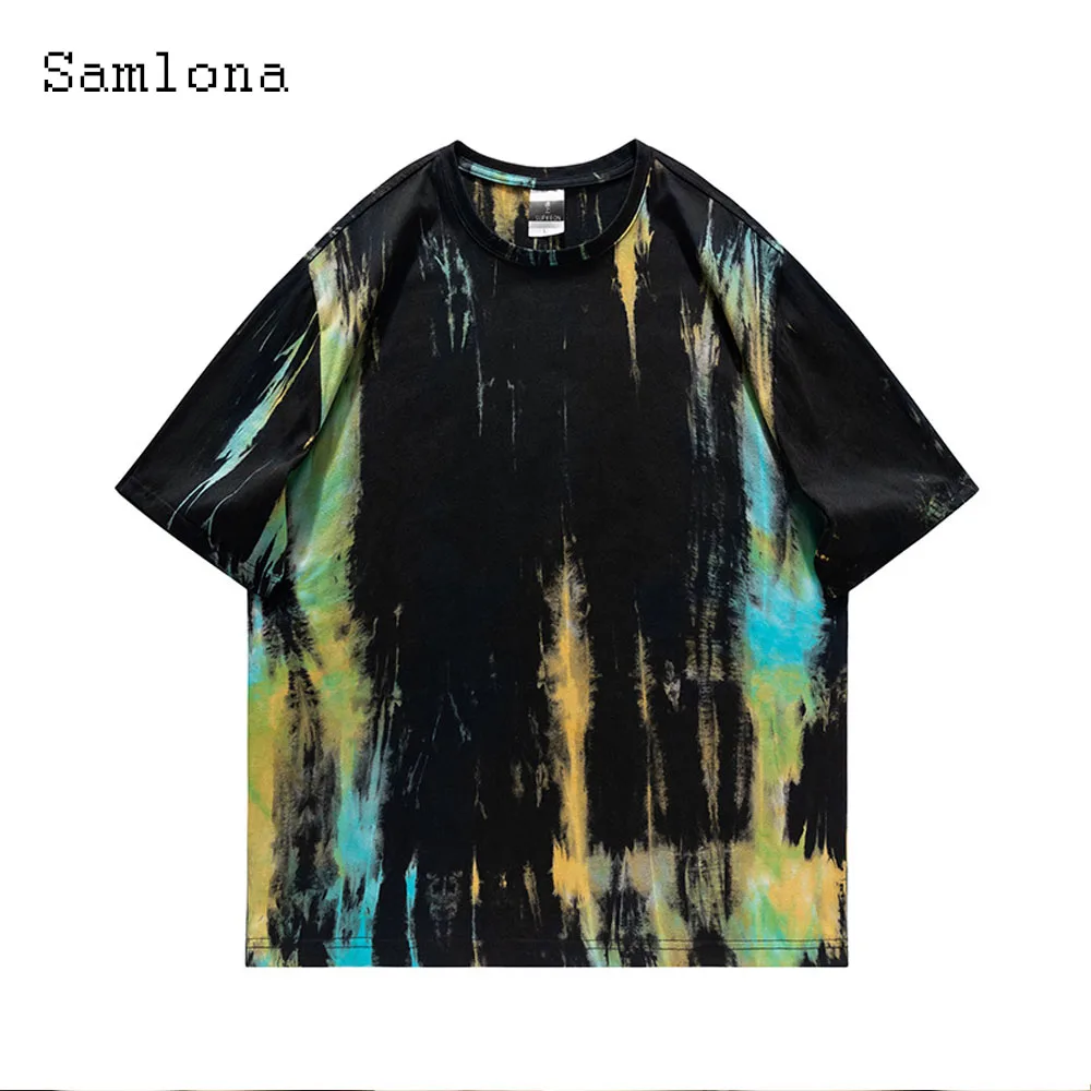 Samlona Men Fashion Tie-dry T-shirt Young Guys Short Sleeve Basic Cotton Tops Streetwear 2024 New Summer Casual Tees Pullovers