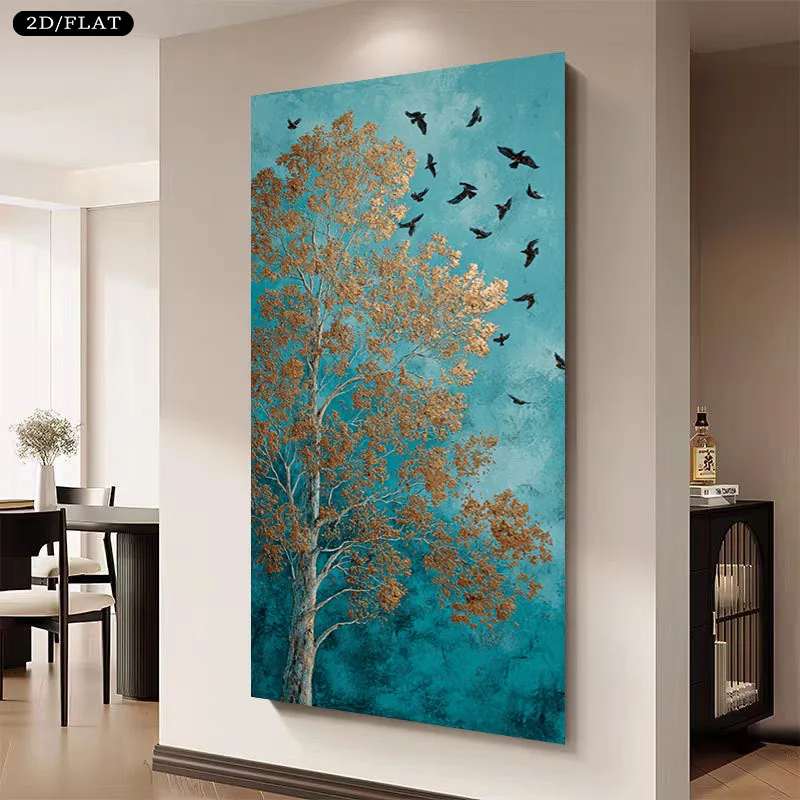 1pc frameless Canvas Painting 2D/Flat 1pc Extra Large Turquoise Blue & Golden Leaf Canvas Print, Unframed Modern Turquoise Golde