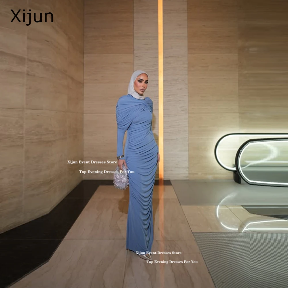 

Xijun Modest Blue Maxi Evening Dresses Full Sleeves Pleated Saudi Arabric Prom Dresses Formal Occasion Dubai Prom Gowns Customiz