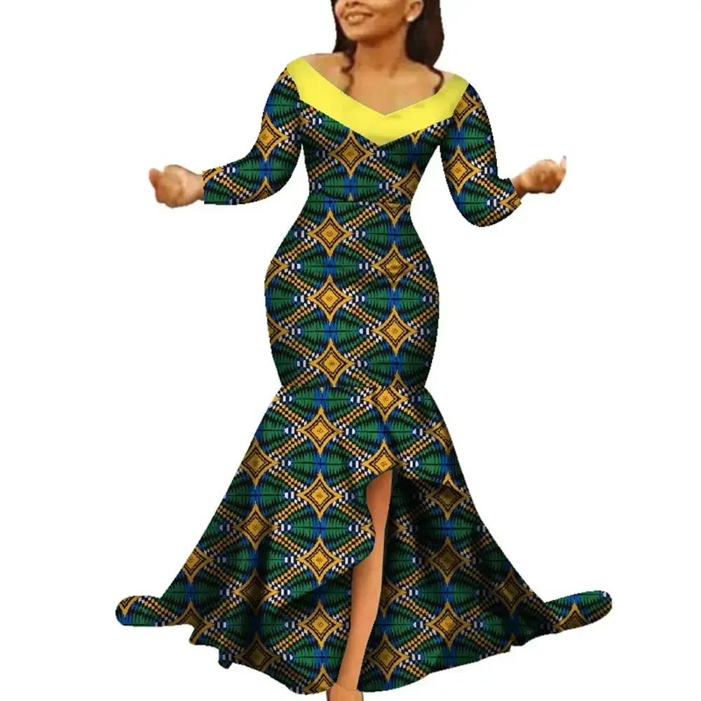 Neue Dashiki Afrikanische Print Kleider Bazin Lange Fischschwanz Kleid für Hochzeit Party Vestidos Afrikanische Kleider für Frauen WY5759