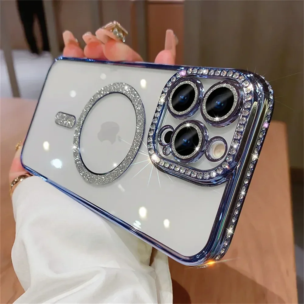 New Fashion Glitter Diamond Transparent Case For iPhone 16 15 14 13 11 12 Pro Max 16 Plus Magnetic Wireless Charge Bumper Cover