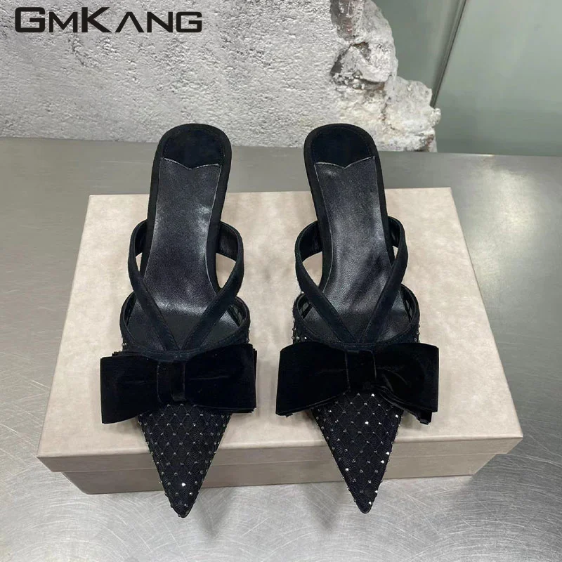 2023 Mules High Heels Sandals Women Butterfly-knot Towel Flock Slides Lady Summer Thin Heels Slippers Women Zapatillas Mujer